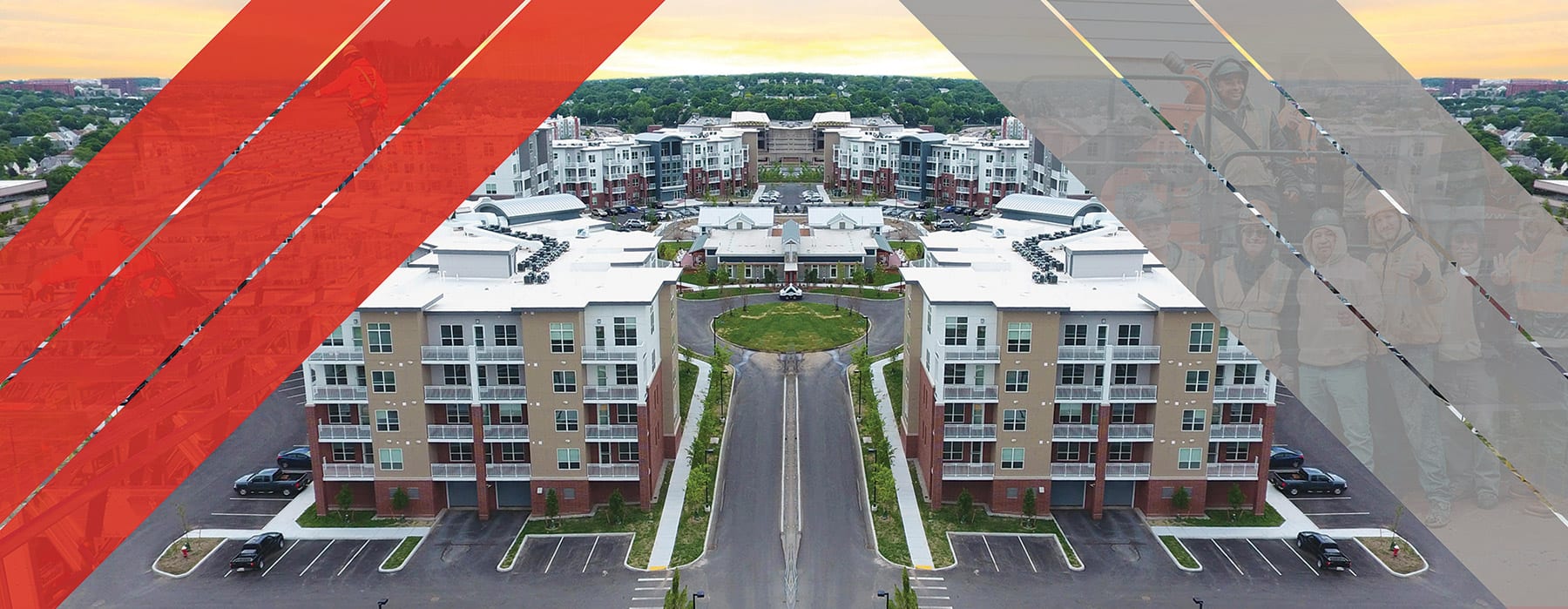 Aerial view of apartment complex with red and gray angled lines