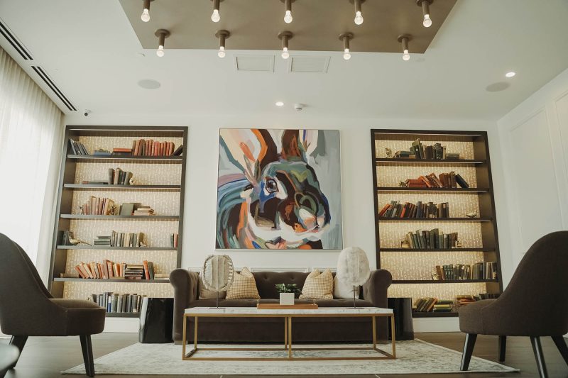 Modern interior living space feature bookshelves and large mural
